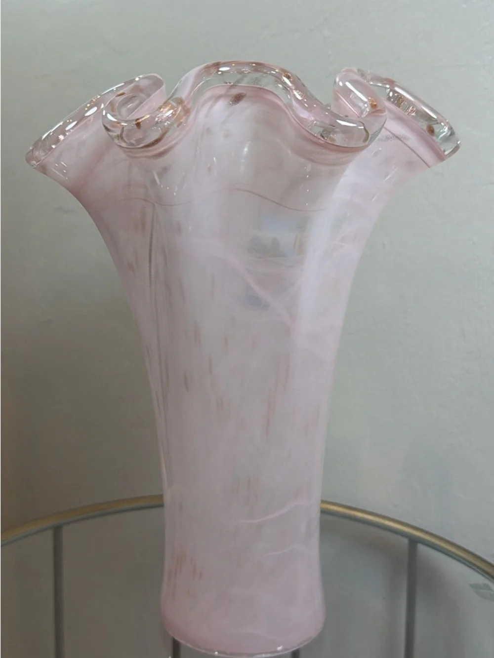 Murano Italy Hand Blown Art Glass Vase 12” Pink Gold Aventurine Ruffled Rim